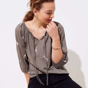LOFT Giraffe Embroidered Olive Top